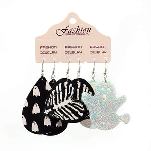 Halloween dangle earrings set with ghost and skeleton hand designs.