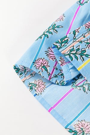 Sky blue floral print blouse with smocked yoke detail and striped pattern.