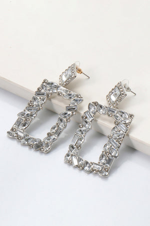 Geometric jewel box earrings with clear crystals and silver alloy setting.