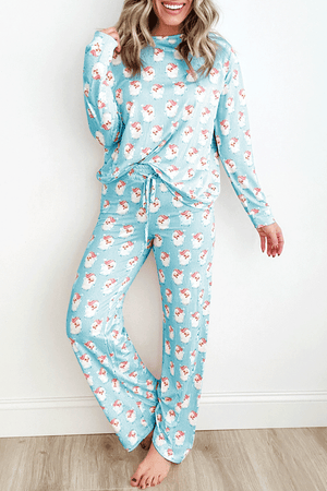 Pastel blue Santa stripe loungewear set with drawstring waist pants and long sleeve top.