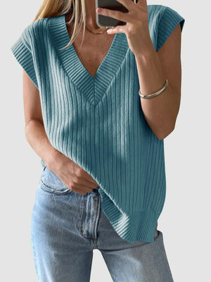 Air Force Blue ribbed knit V-neck sleeveless sweater with a sculpted fit.