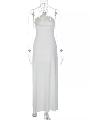 White halter neck ruched maxi dress with tie back detail
