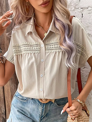 Apricot button-up shirt with lace trim and classic collar, short sleeves