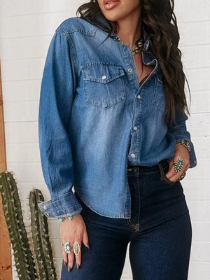 Classic blue denim button-down shirt with two chest pockets.