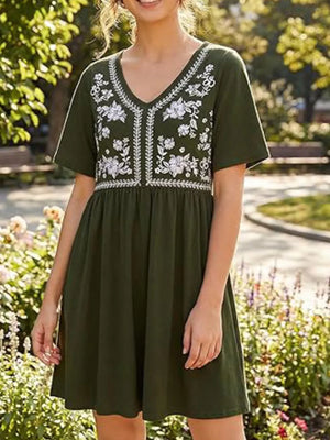Army green cotton mini dress with white floral embroidery and V-neck