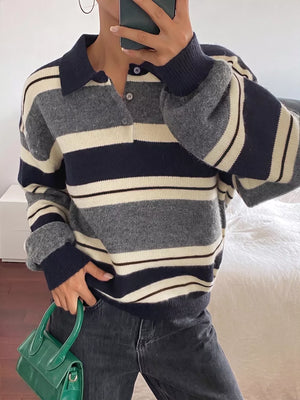 Striped Long Sleeve Button Detail Sweater in Dark Blue, side view