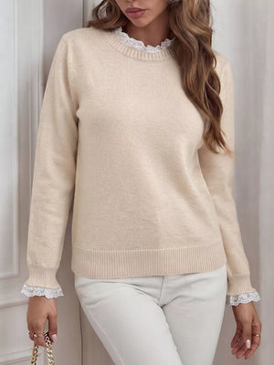 Elegant Lace Trim Round Neck Sweater in Apricot, model styling view