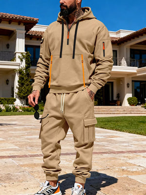 Camel half-zip hoodie with orange zipper accents and matching cargo sweatpants.