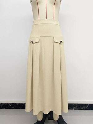 High Waist Pleated Midi Skirt in Khaki, alternate angle