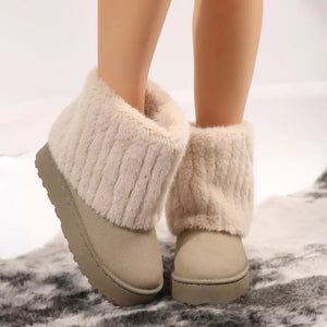 Camel faux fur platform ankle boots with plush lining.