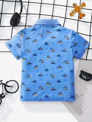 Blue toddler polo shirt with allover excavator print, short sleeves, and collar.
