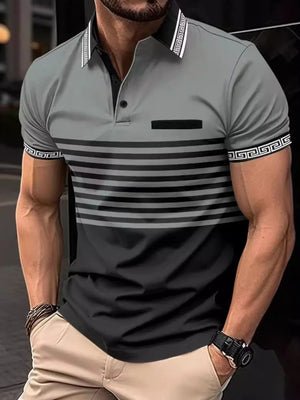 Gray and dark gray polo shirt with horizontal stripes and contrast trim on collar and sleeves.