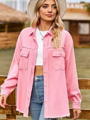Frayed edge overshirt in carnation pink with patch pockets and button front.