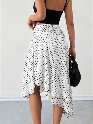 Polka Dot Asymmetrical Hem Midi Skirt in White, model styling view
