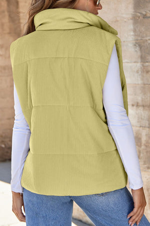 Sage corduroy padded collar vest with a high neckline, shown from the back.
