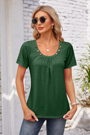 Dark Green short sleeve top with gathered yoke and button trim neckline