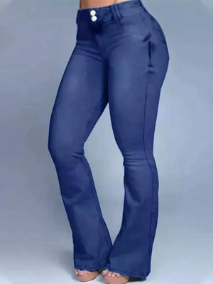 Navy blue high-waisted flare jeans with button closure and flared leg