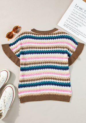 Textured knit sweater with colorful stripes and brown contrast trim.