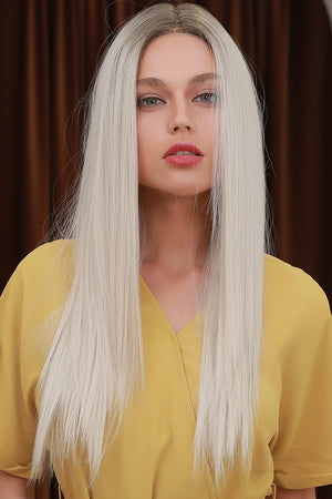 Ombre blonde lace front wig with ash brown roots, 26 inches long, straight style