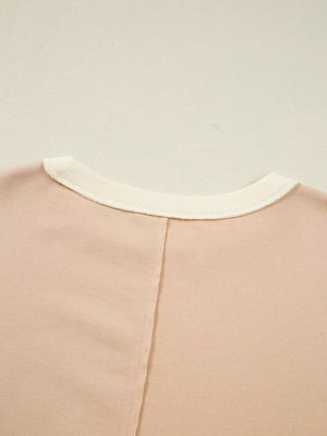 Color Block Textured Patchwork Pullover Sweatshirt in Watermelon pink, product detail