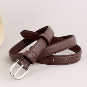 Skinny brown leather belt with silver buckle and stitched detail