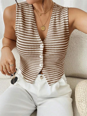 Chic striped knit V-neck tank top in taupe with button front detail