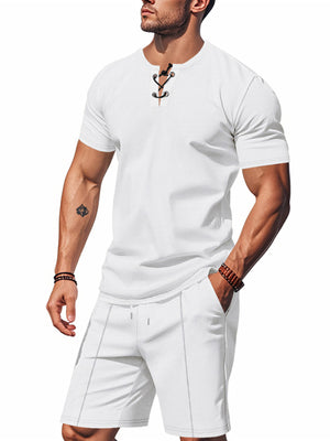 White lace-up V-neck t-shirt and drawstring shorts set for men