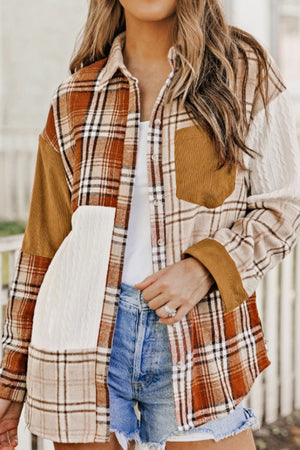 Patchwork plaid knit shacket with corduroy and cable knit panels in sherbet tones.