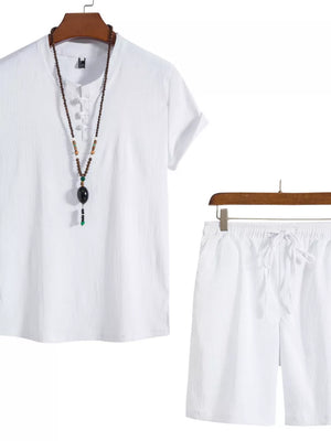 White Mandarin collar casual set for men, short sleeve Henley shirt and drawstring shorts.