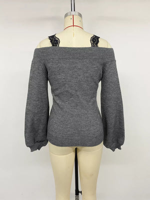 Off-shoulder Lace Trim Sweater in Dark Gray, product detail