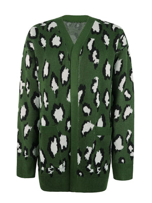 Army green knit cardigan with leopard print, open front, long sleeves, and pockets.