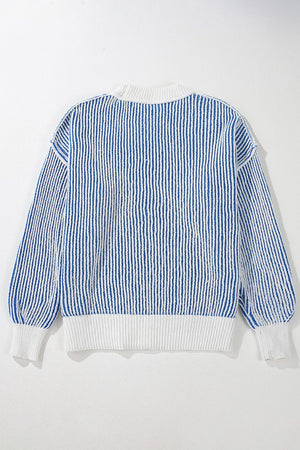 Light blue and white striped drop-shoulder knit sweater with ribbed cuffs and hem