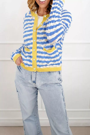 Button-down V-neck Knit Long-sleeve Top in Light Blue, fabric detail