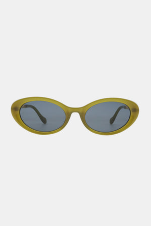Olive oval sunglasses with dark lenses and subtle chain detail on arms.
