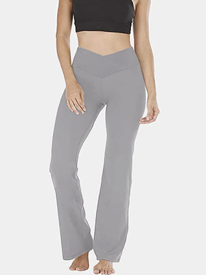 Light Gray V-waist flare leg activewear pants with a smooth finish.