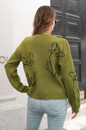 Matcha green acrylic sweater with black cat intarsia knit pattern, crew neck, long sleeves.