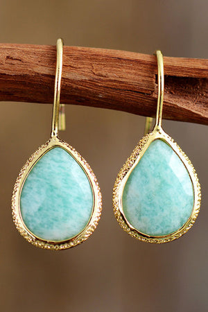 Textured aqua gemstone drop earrings with gold trim and hooks.