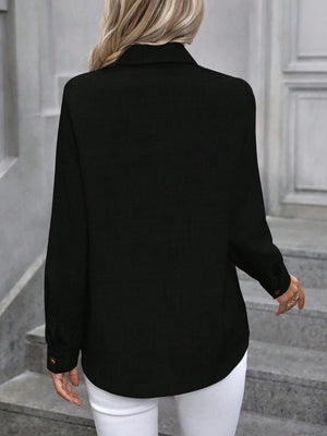 Black linen-blend button-down shirt with long sleeves and button cuffs.