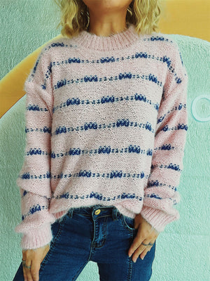Textured stripe crew neck sweater in blush pink with blue accents, acrylic knit.