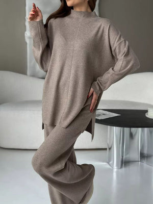 Relaxed fit knit co-ord set in mocha acrylic with mock neck and wide leg pants.