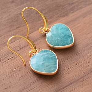 Amazonite heart drop earrings in aqua with gold copper setting.