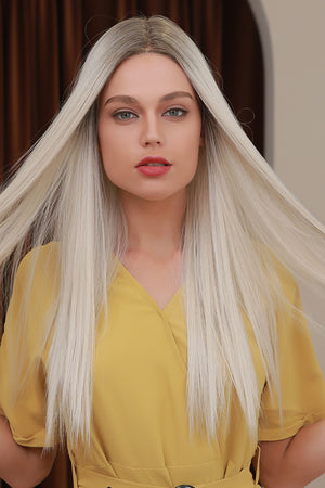 Ombre blonde lace front wig with ash brown roots, 26" long, straight style.