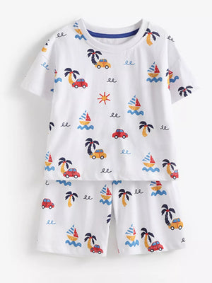 Boys' white cotton tee and shorts set with cars, sailboats, and palm trees print