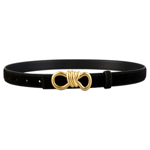 Black cowhide leather belt with gold knot buckle detail