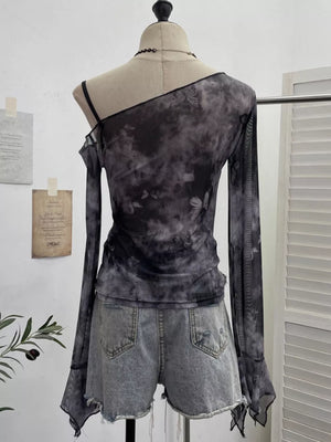 Edgy asymmetrical mesh t-shirt in gray black with butterfly print and cutout detail.