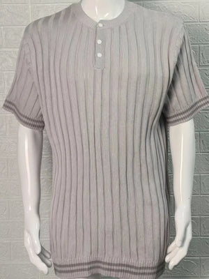 Gray ribbed knit henley polo shirt with short sleeves and button placket.