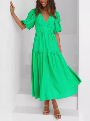 Elegant Puff Sleeve V-neck Midi Dress in Black, view 22