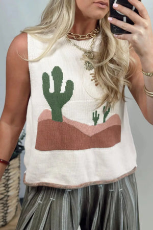 Cream knit sweater vest with a desert cactus graphic and a crew neck.