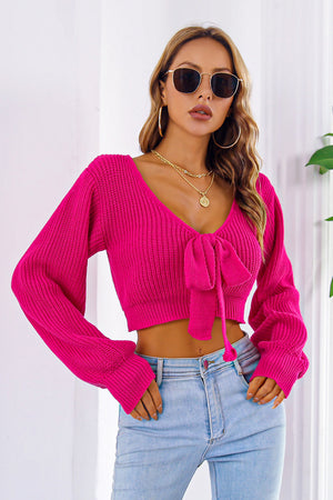 Hot pink acrylic tie-front balloon sleeve crop knit sweater with V-neck