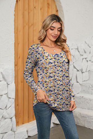 Floral print gathered square neck long sleeve blouse